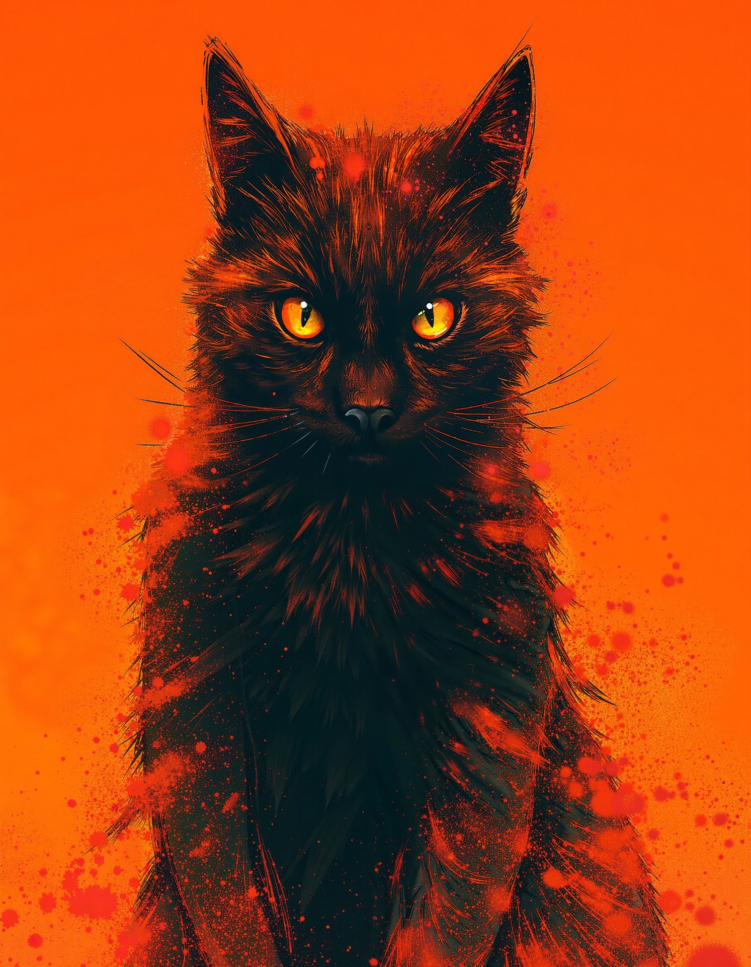 Stylized illustration of a black cat on orange background