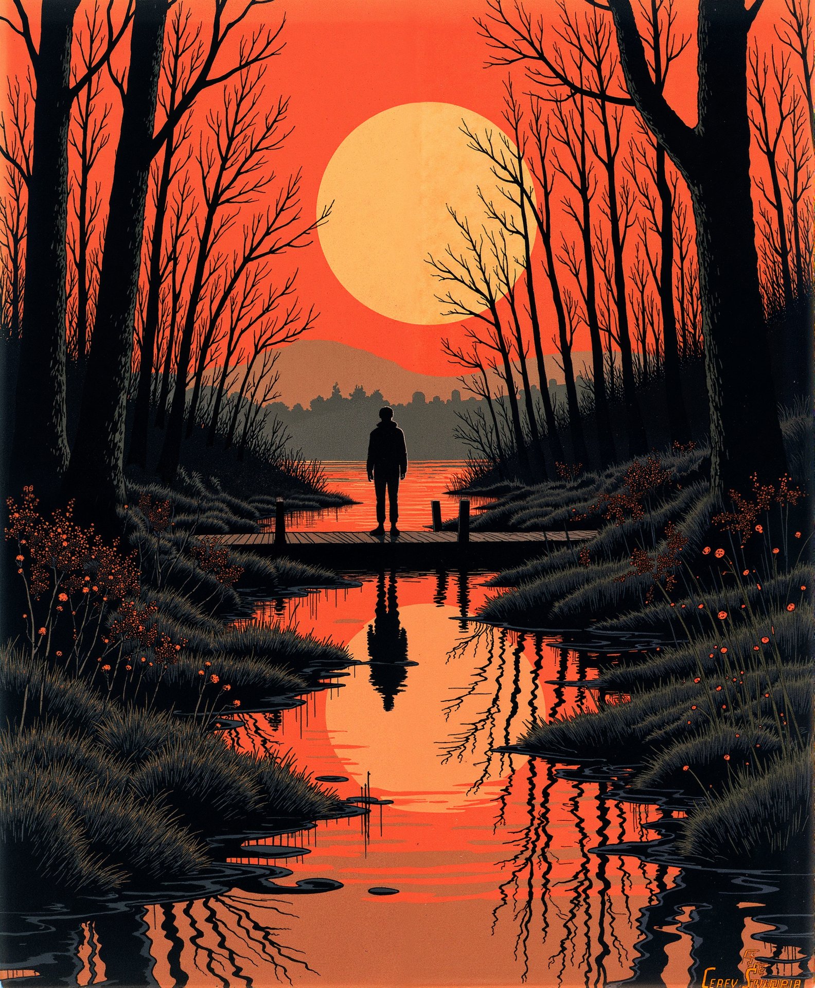 Cinematic silhouette of a man looking at a glowing red sunset