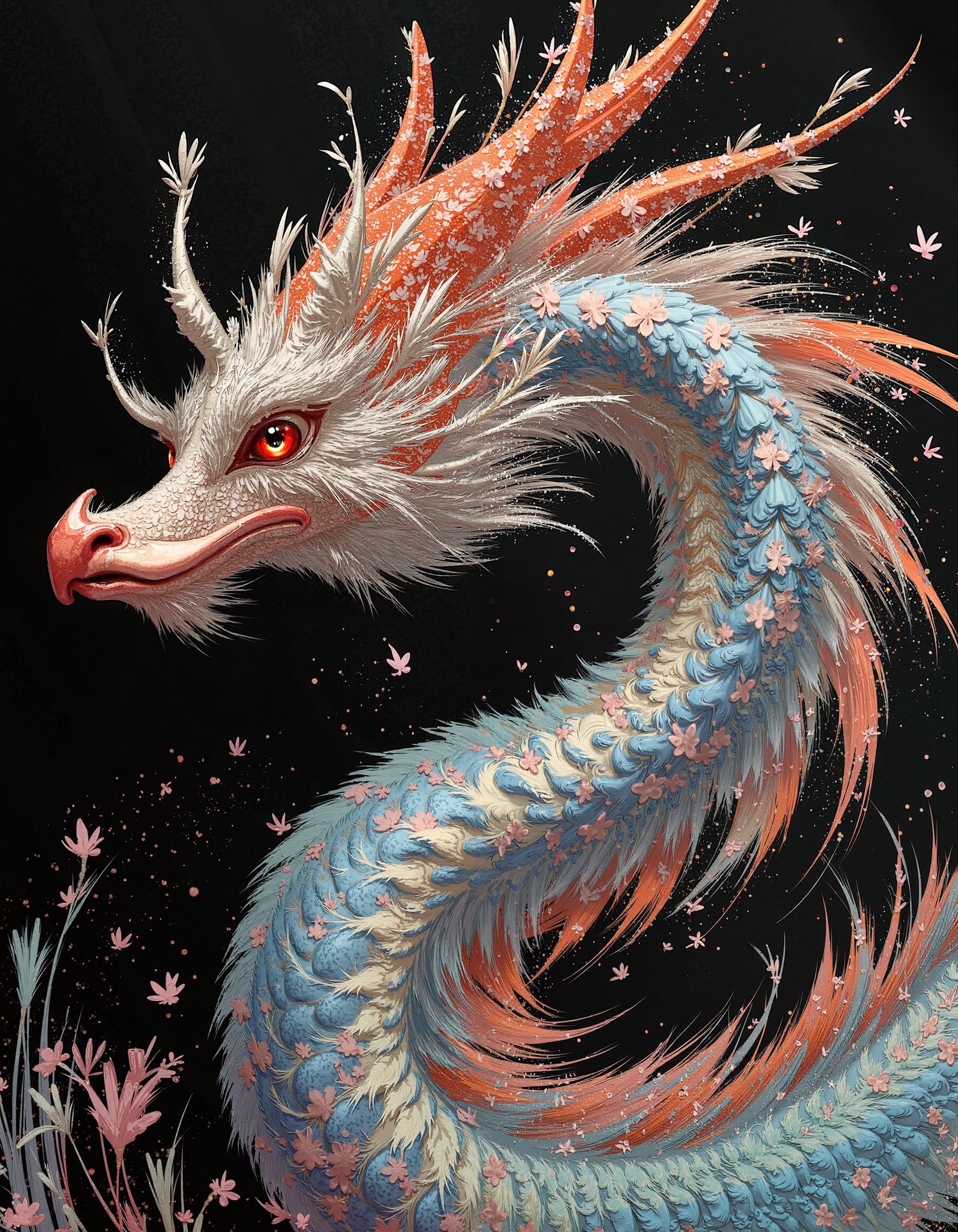 Intricate white dragon with floral decorations