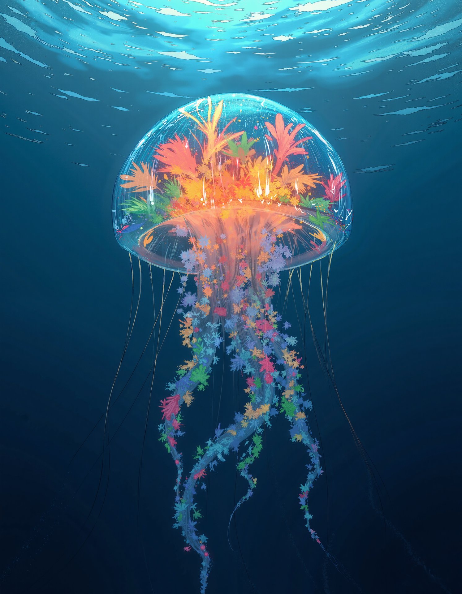 Bioluminescent jellyfish containing a coral garden