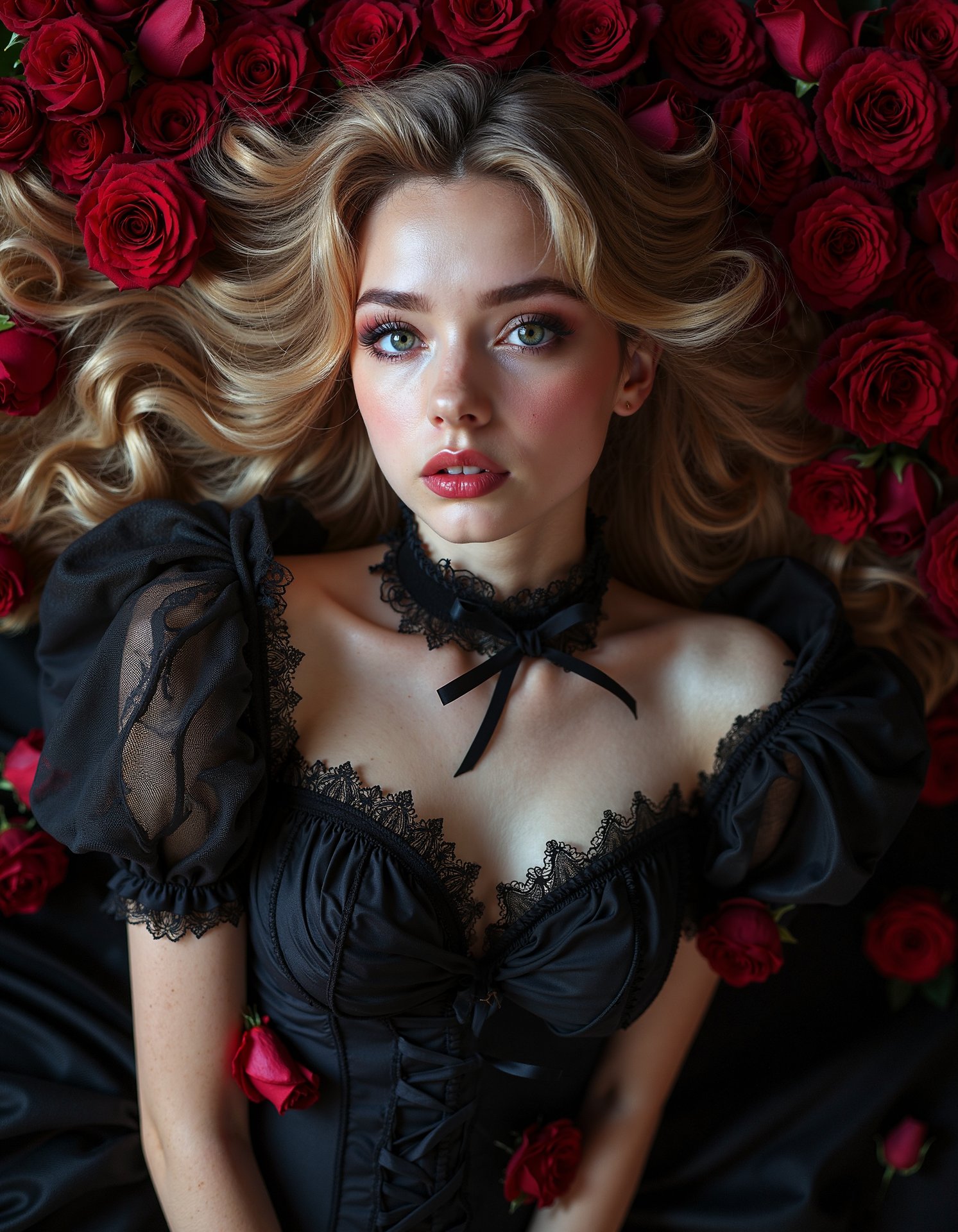 Photorealistic portrait of a girl resting in red roses